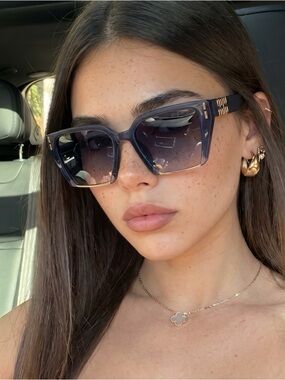 Miu Miu Dark Blue Gradient Oversized Square Sunglasses with Gold Temple Detail